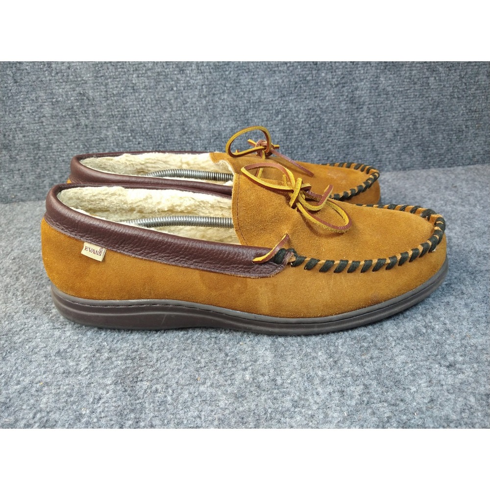 L.B. Evans Moccasin Slippers Mens 14 EEE Tan Suede Faux Fur Lined 1141 Wide